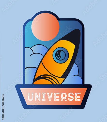 Universe label concept. Yellow rocket or spaceship on background of planet. colonization or expedition. Sticker for social networks and messengers. Cartoon flat vector illustration