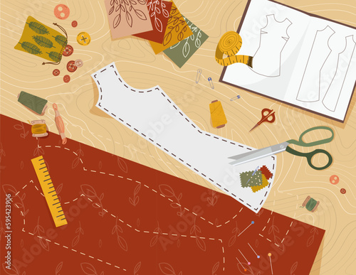 Sewing tools on table. Large red piece of fabric with markings. Scissors, buttons and thread. Needlework and handmade, handicraft. Atelier or seamstress inventory. Cartoon flat vector illustration