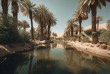 Water and palm trees in a desert oasis. Generative AI