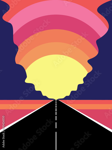 Into the sun. A road leading into the sunset through mountains. 70's colourful album art poster.