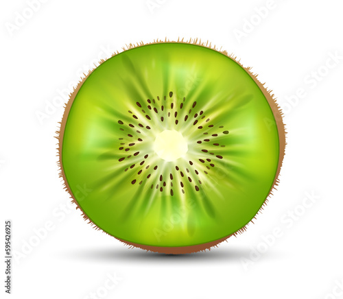 Half of kiwi concept. Healthy eating and diet with vitamins. Juicy and tasty slice of fruit. Exotic ingredient. Template, layout and mock up. Realistic 3D vector illustration