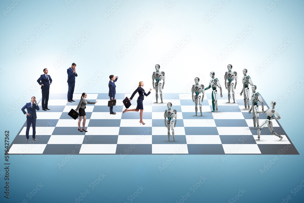 Concept of chess played by humans versus robots Concept of chess played by humans versus robots