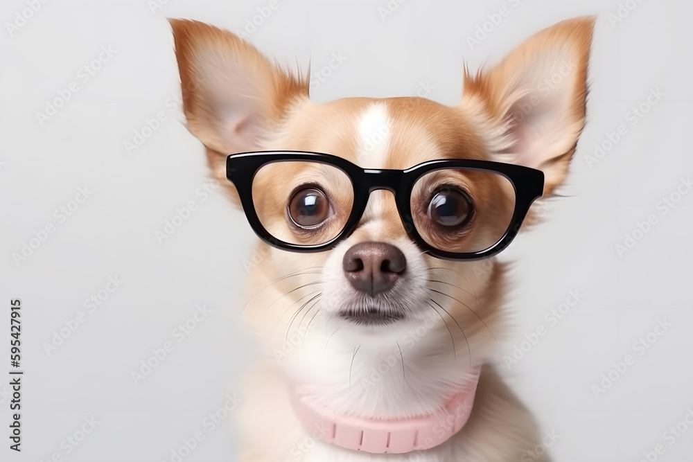 Close up portrait of surprised and amazed dog with glasses. Generative AI