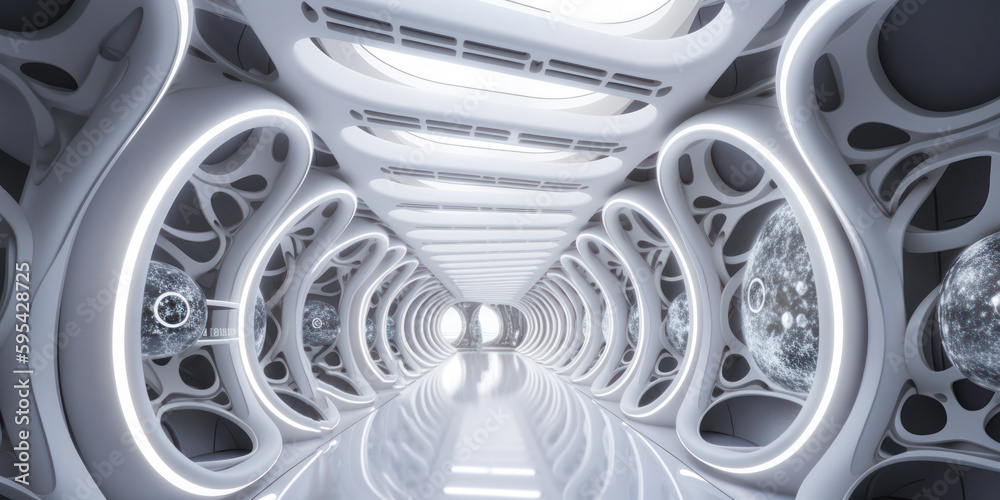 Science fiction hallway interior design architecture, black and white, wide. Generative AI Science fiction hallway interior design architecture, black and white, wide. Generative AI