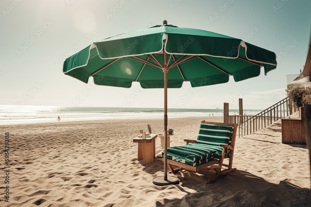 Artificial intelligence generated image of beach furniture and umbrella under the sun. Generative AI