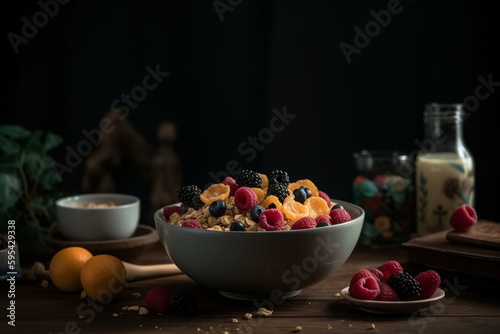 A bowl of mixed cereals, milk, dried fruits and juice. Generative AI