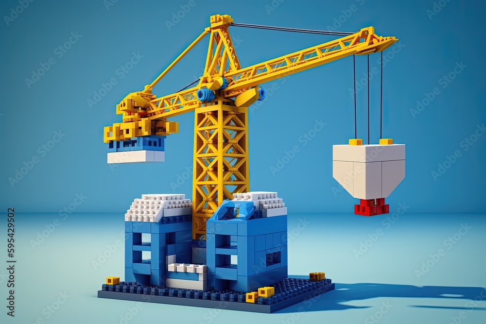 Toy crane isolated on blue background, Construction crane blocks, Generative AI Toy crane isolated on blue background, Construction crane blocks, Generative AI