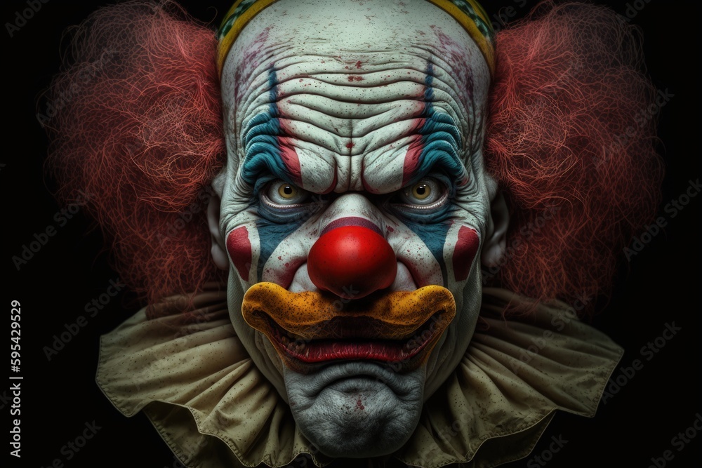 Scary clown, Clown face seen up close, Generative AI Scary clown, Clown face seen up close, Generative AI