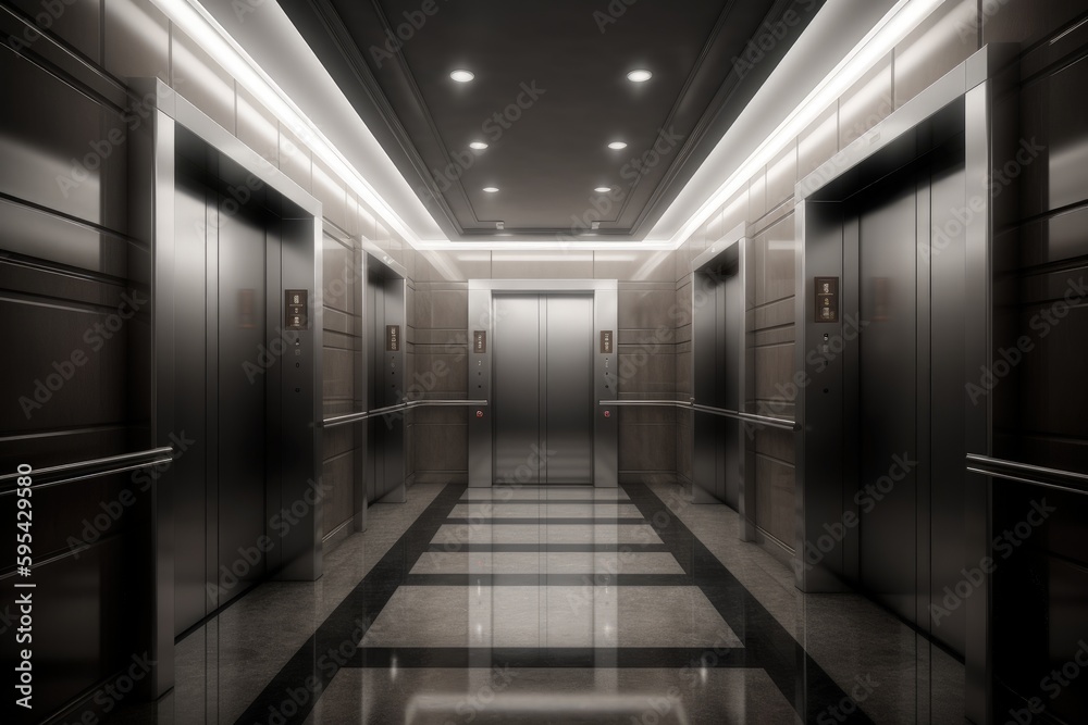 Corridor of buildings with elevators, corridor with elevator, Generative AI