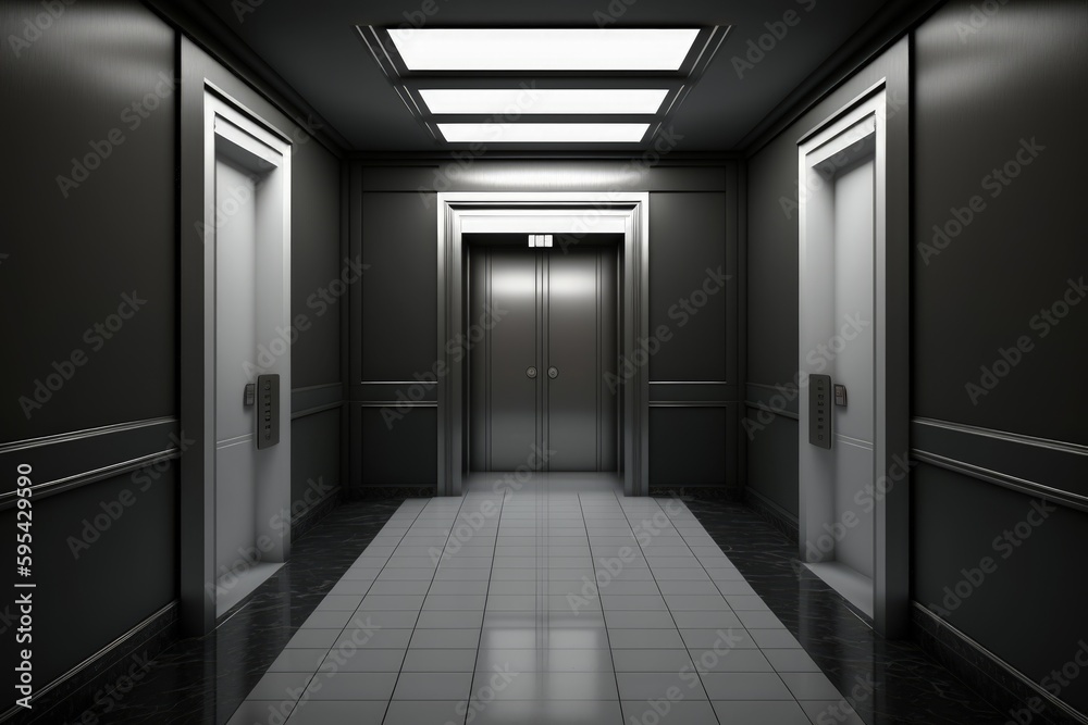 Obraz premium Corridor of buildings with elevators, corridor with elevator, Generative AI