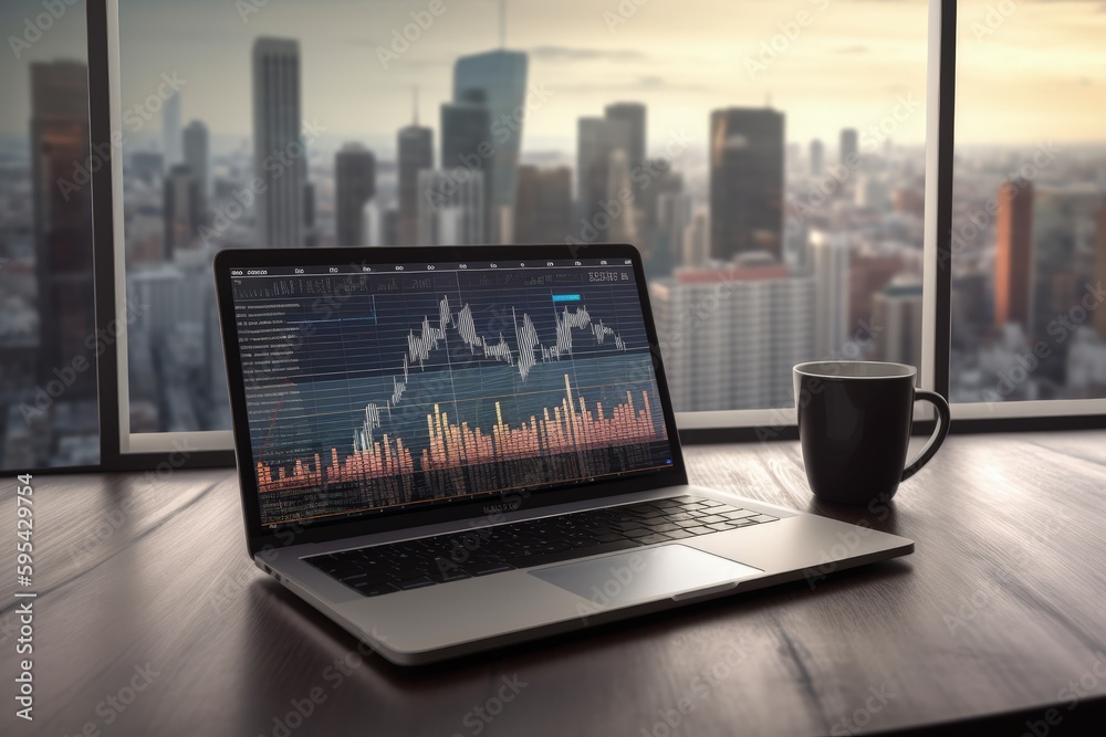 Laptop with graphics on screen and cup of coffee on top of office table with window view, Generative AI Laptop with graphics on screen and cup of coffee on top of office table with window view, Generative AI
