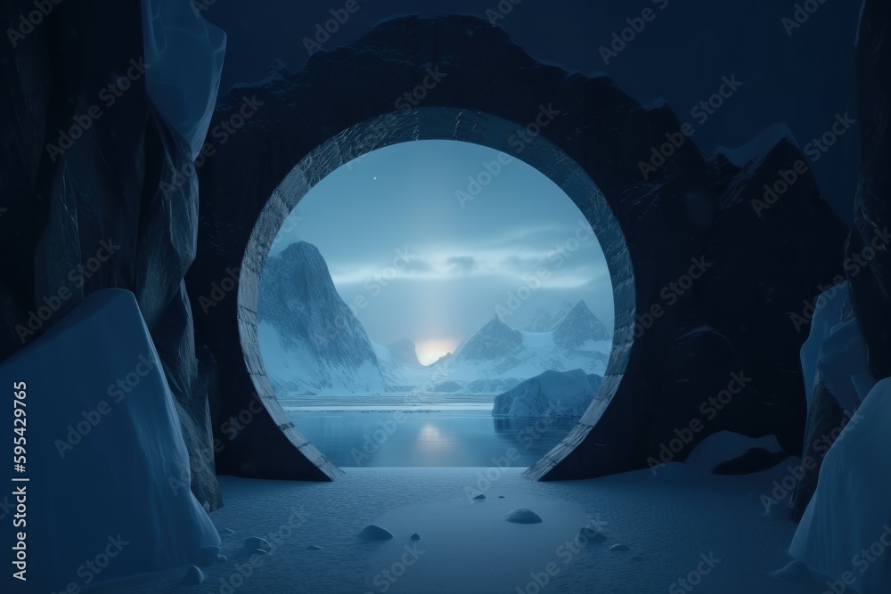 Fototapeta premium Magic portal in the arctic, Portal to ice dimension, Generative AI