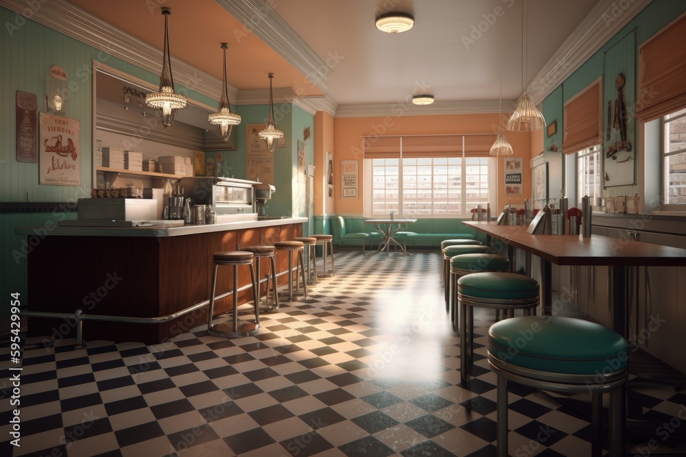 Retro ice cream shop interior. Old style ice cream parlor from the 60's. Digital illustration, Generative AI