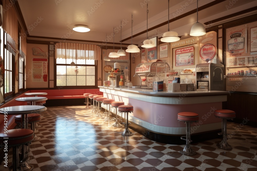 Retro ice cream shop interior. Old style ice cream parlor from the 60's. Digital illustration