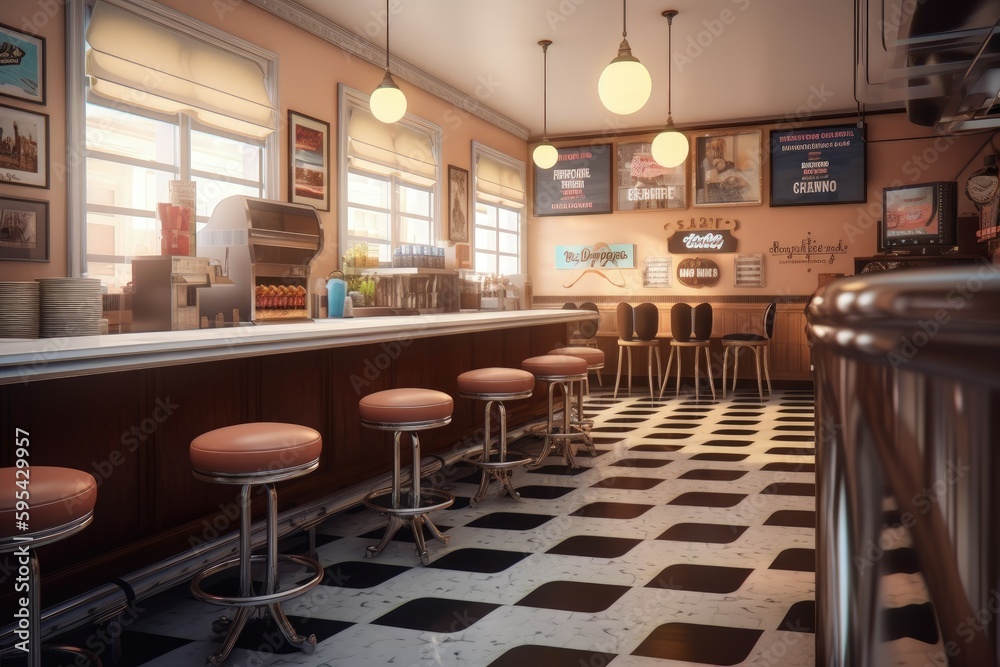 Retro ice cream shop interior. Old style ice cream parlor from the 60's ...