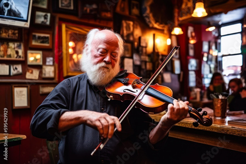 Musician playing violin in Irish pub, trad music session. Generative AI