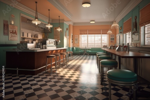 Retro ice cream shop interior. Old style ice cream parlor from the 60 s. Digital illustration  Generative AI