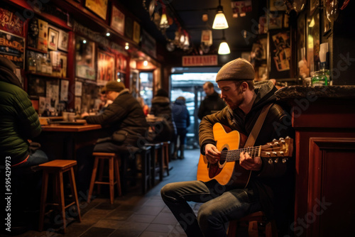 Musician playing guitar in Irish pub, trad music session. Generative AI