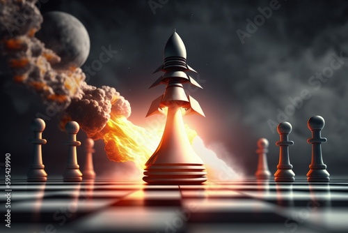 Rocket on chessboard, rocket shaped chess piece, business strategy concept, Generative AI photo