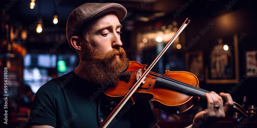 Fototapeta premium Musician playing violin in Irish pub, trad music session. Generative AI