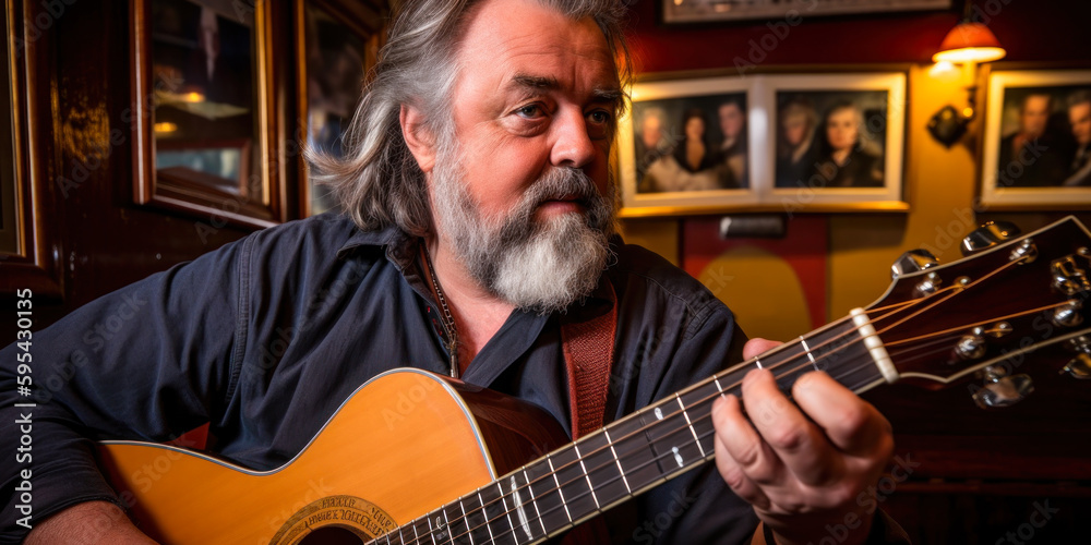 Obraz premium Musician playing guitar in Irish pub, trad music session. Generative AI