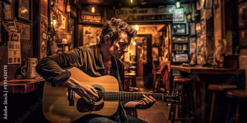 Musician playing guitar in Irish pub, trad music session. Generative AI