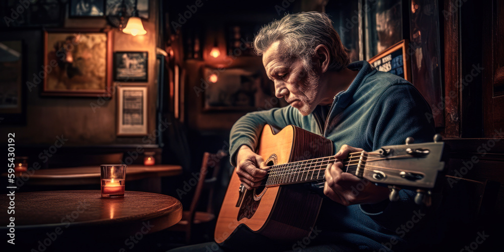 Musician playing guitar in Irish pub, trad music session. Generative AI