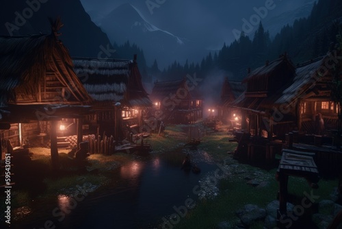 Viking village at night with wooden houses, mountains and river, Generative AI © Kaleb