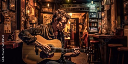 Musician playing guitar in Irish pub, trad music session. Generative AI © Sunshower Shots
