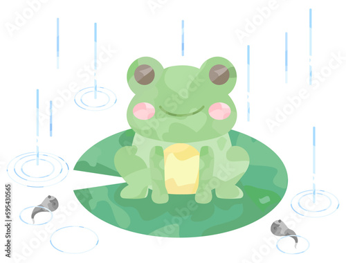 雨とカエルと泳いでいるオタマジャクシのイラスト