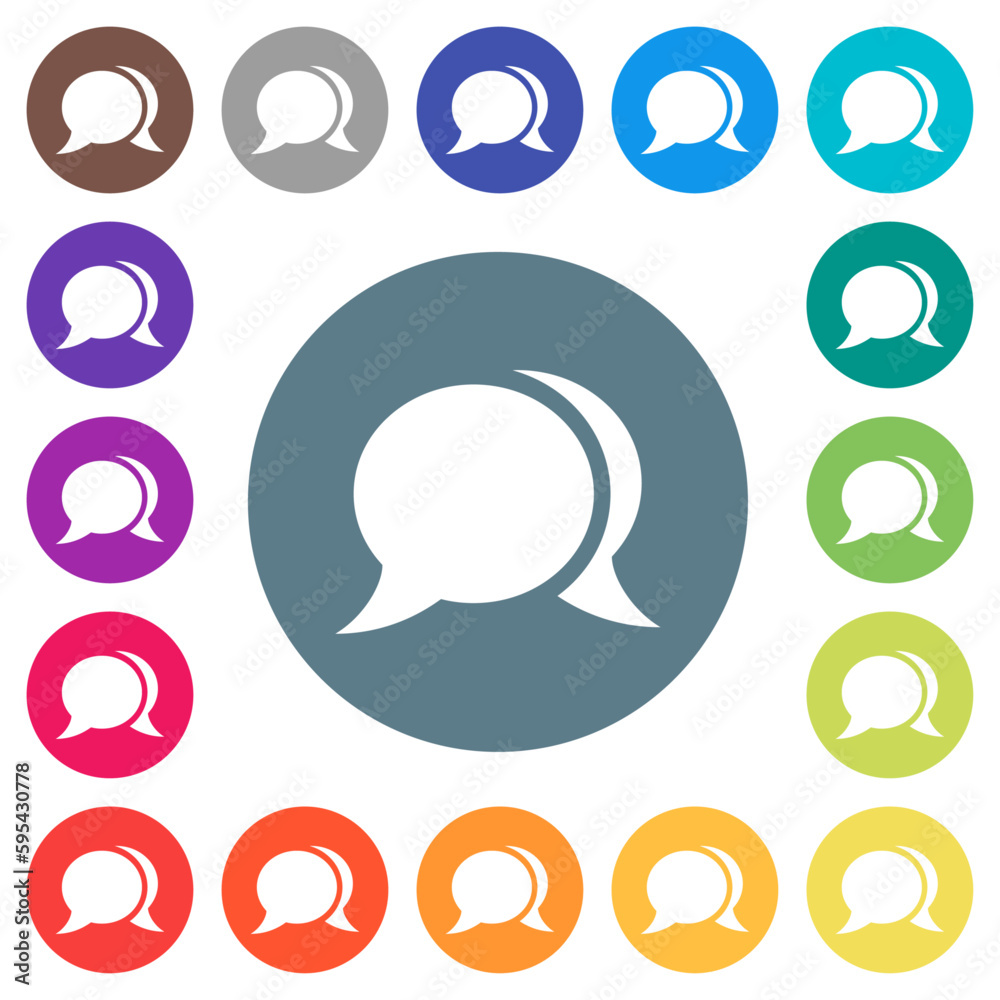 Two oval chat bubbles solid flat white icons on round color backgrounds Two oval chat bubbles solid flat white icons on round color backgrounds