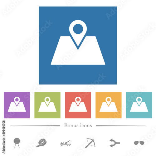 GPS route planning flat white icons in square backgrounds