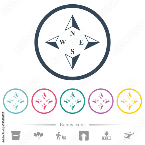Compass directions flat color icons in round outlines