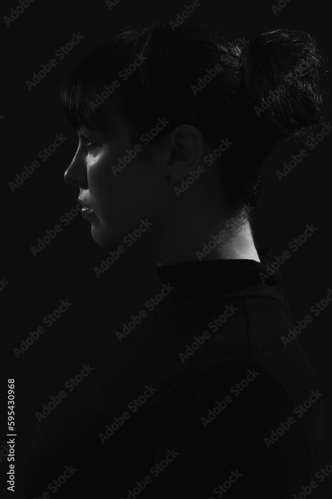Black and white silhouette portrait of a beautiful caucasian female. She is wearing a dark shirt. Black and white silhouette portrait of a beautiful caucasian female. She is wearing a dark shirt.