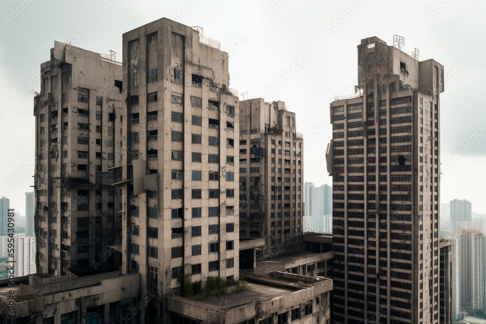 Abandoned skyscrapers on clear PNG background. Generative AI