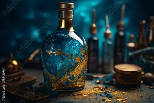 A creatively decorated background with blue and gold alcohol paint, perfect for artistic presentations. Generative AI