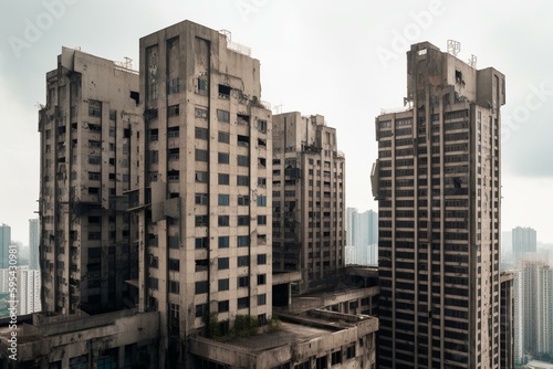 Abandoned skyscrapers on clear PNG background. Generative AI