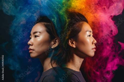 two asian lgbtq women back to back in an explosion of color © Alan