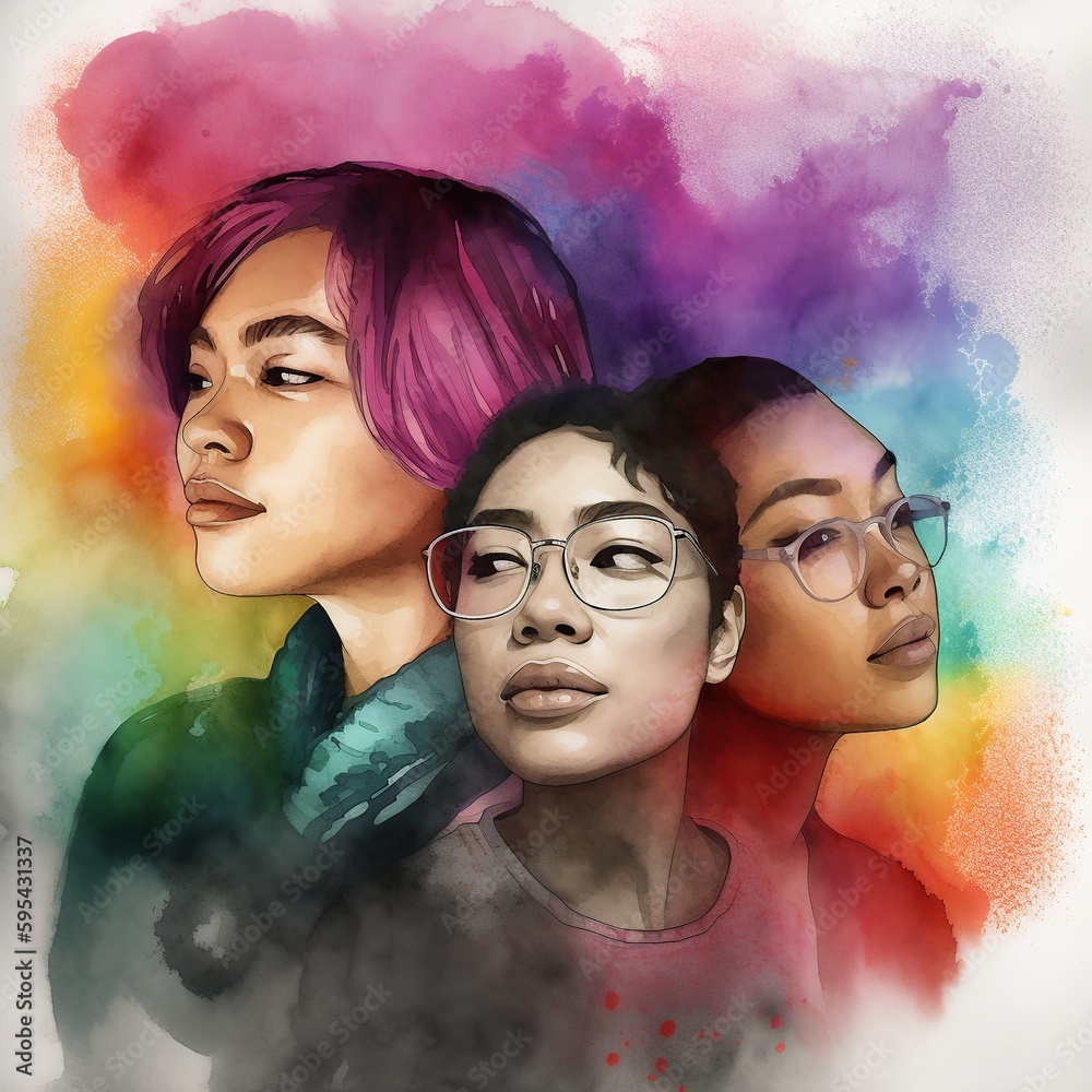 women with short hair in watercolor style, multicultural and sexually diverse female group