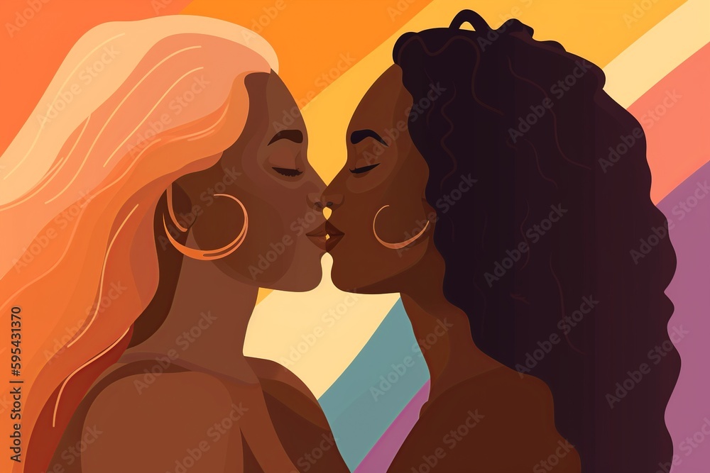 lesbian black women kissing, lgbtq love pride, african american girls with gay pride colors at the background