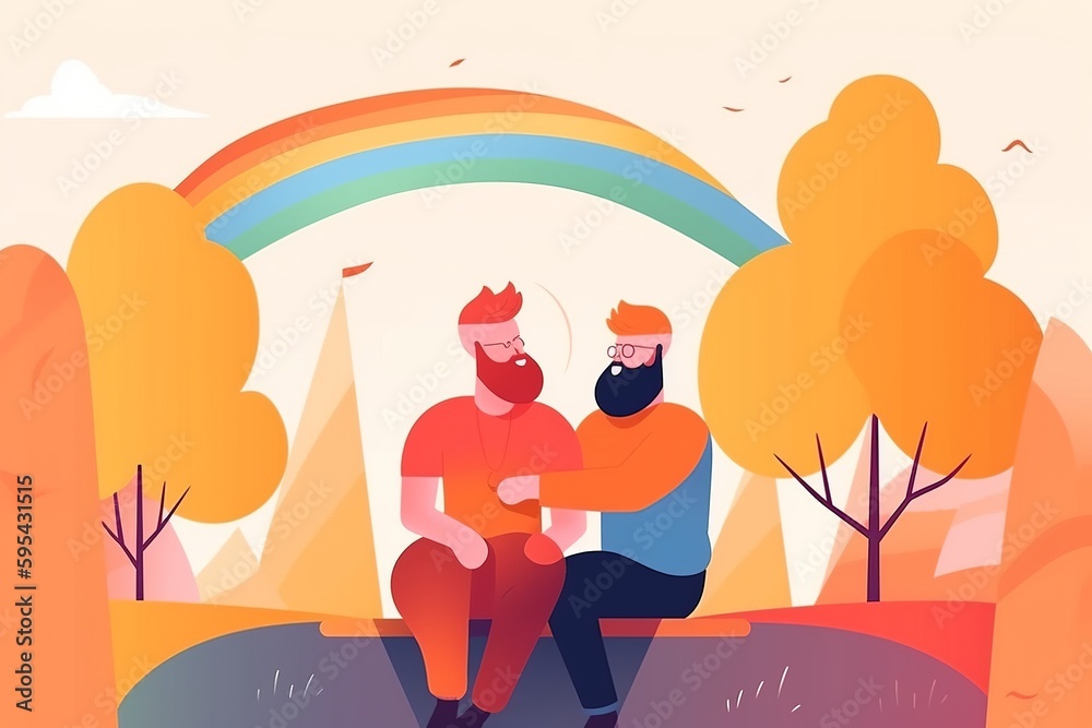 gay couple sitting at the park, two bearded men in love with pride lgbtq colors and rainbow at the background