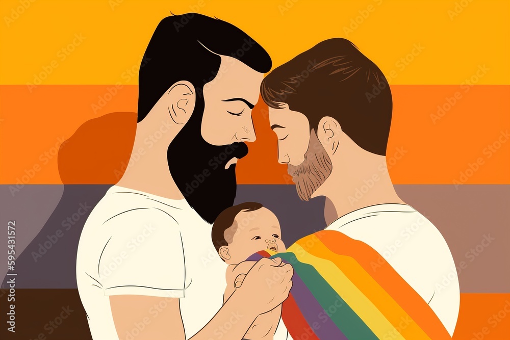 gay lgbtq men couple in love with a baby, pride month flag colors at the background, minimalist illustration, modern happy lovely family and adoption concept gay lgbtq men couple in love with a baby, pride month flag colors at the background, minimalist illustration, modern happy lovely family and adoption concept