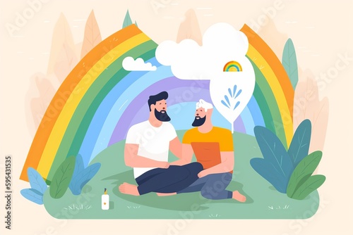 cheerful lgbtq gay male couple enjoying ang having fun outdoors  flag colors and rainbow at the background