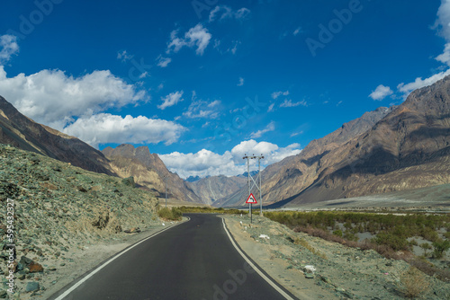 the road from Hunder Village to Thang Village with mountain and blue sky at Ladakh, India