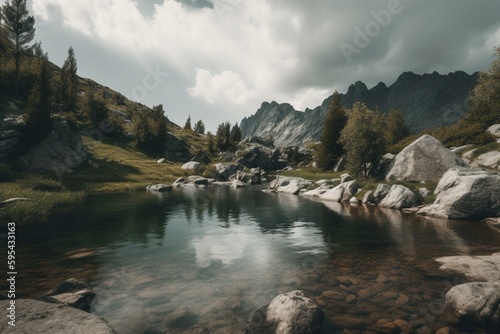 Mountainous lake with rocky water, cloudy sky and few clouds above. Generative AI