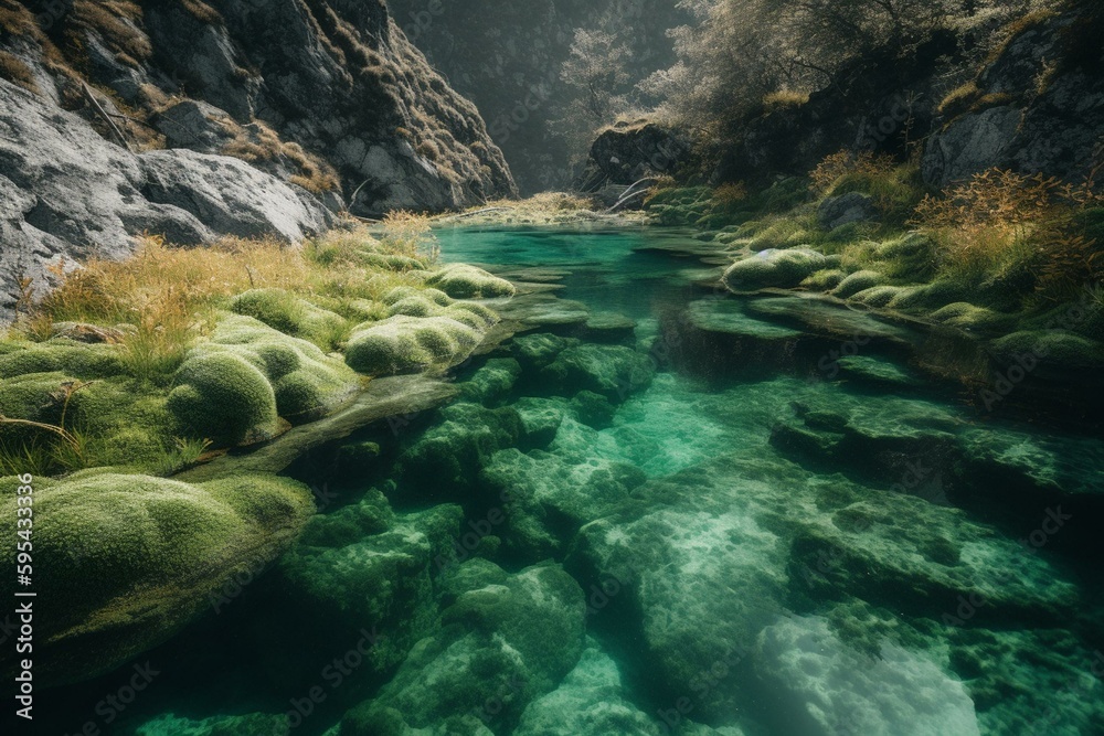 Stunning blooming algae above emerald river. Generative AI