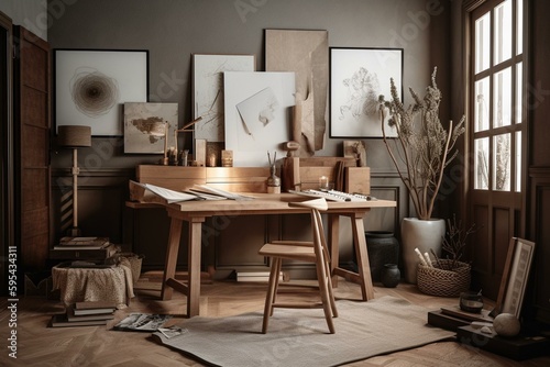 Chic artist workspace with teak furniture, poster frame, books, decor, and painting supplies. Template. Generative AI © Leandro