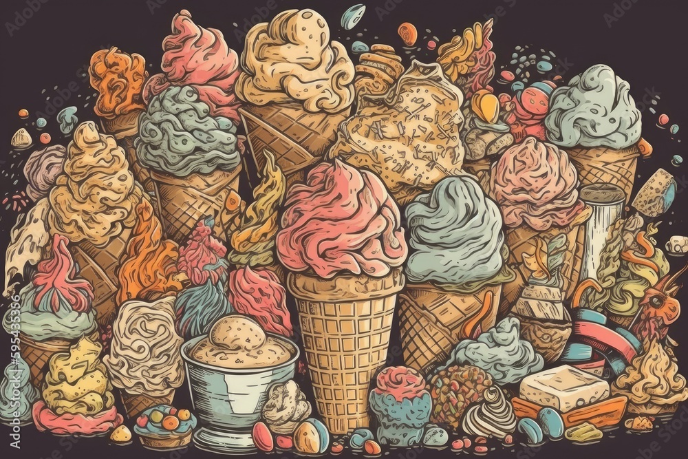 Doodle-style illustrations of ice cream cones and topping