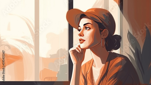 illustration of a pretty young woman looking thoughtfully out of the window. Generative AI