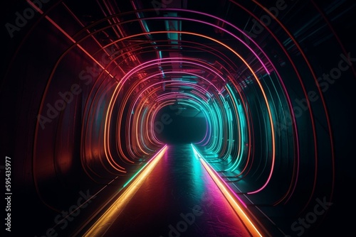 Bright wavy tunnel in neon tones. Generative AI